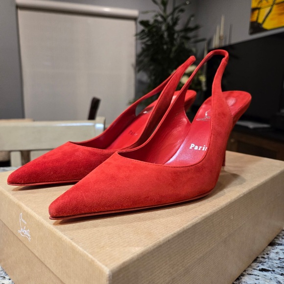 NEW Christian Louboutin Clare Sling 80mm Size 39 in Fiery Red Suede - Picture 7 of 13